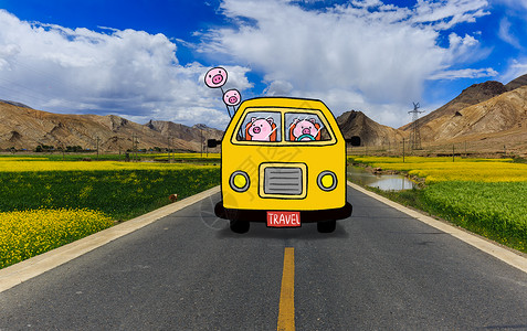 西藏唐古拉山脉创意开车旅行小猪插画
