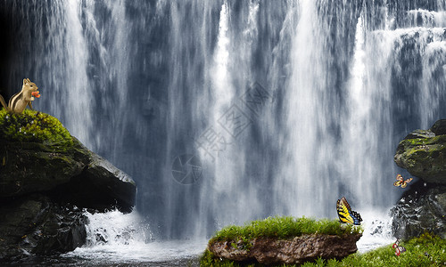 黑白瀑布梦幻森林设计图片