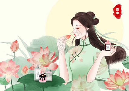 首饰盒背景民国美女化妆系列之香水插画