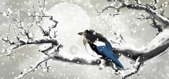 冬季觅食的小鸟古风冬天花鸟插画