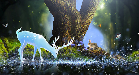 卡通梦幻背景林深见鹿设计图片