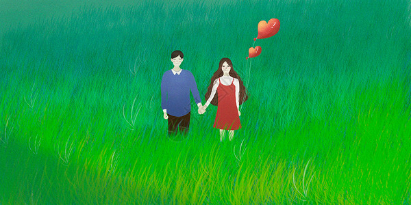 情侣二人记草地和红心高清图片
