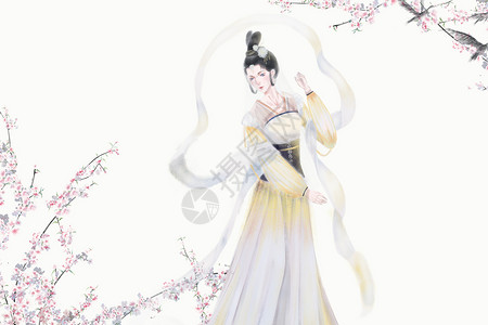 优雅舞蹈美女桃花与少女插画