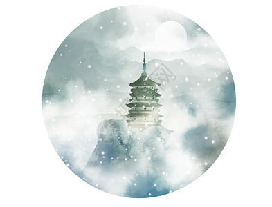 中国风圆形冬季水墨山水插画