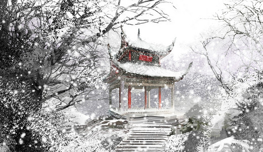 飘落的雪花冬季雪景凉亭插画