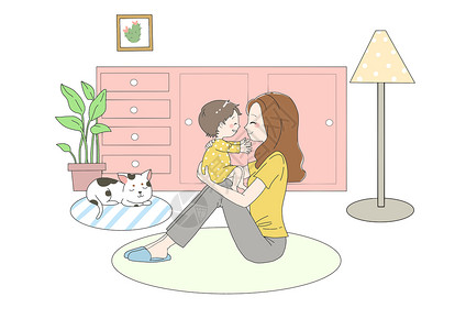 家庭居家素材妈妈和孩子插画