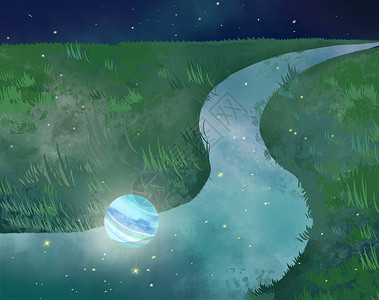 小清新蓝色星球躺在草原中间的河流手绘插画图片
