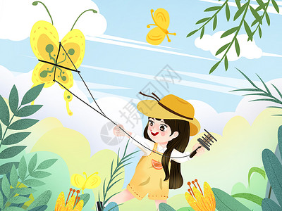 嫩绿色小清新风格春天儿童在草地放风筝背景图片