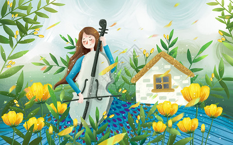 春意境拉大提琴的女孩插画