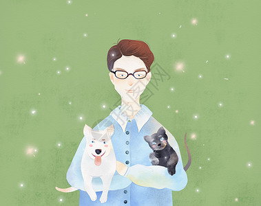 绿色背景小清新男子抱着猫狗手绘插画背景图片