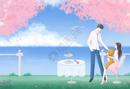 海洋之恋蛋糕樱花浪漫的季节插画