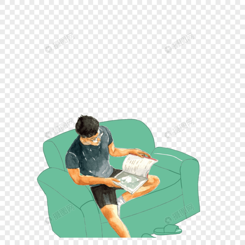 坐在沙发上看书的男孩图片