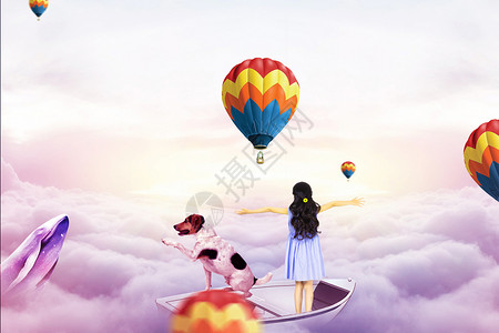 女孩与小狗小狗热气球高清图片