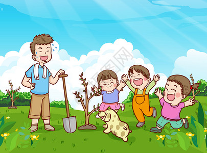 植树节父亲和孩子宠物一起种树小树苗高清图片素材