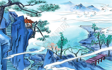 中国风春天松树山台阶高清图片