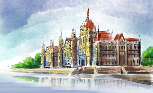 艺术都市匈牙利国会大厦插画