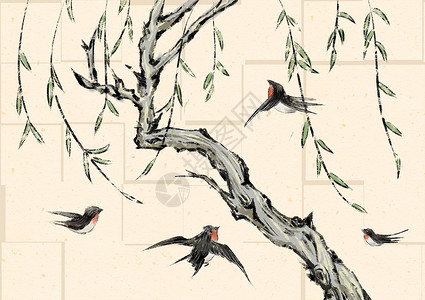 水墨春天的柳树和燕子动物高清图片素材