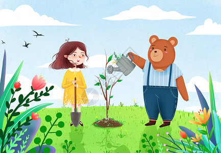 女孩和熊植树节插画插画