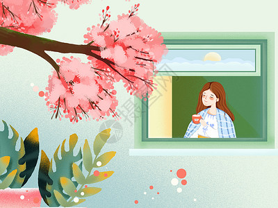 小清新平面风格在自家窗台赏花的女孩背景图片