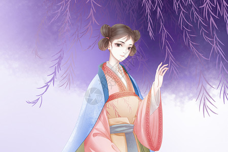 日系和服赏柳插画