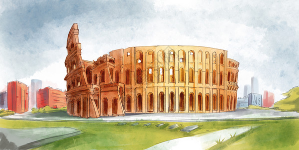 罗马竞技场手绘插画背景图片