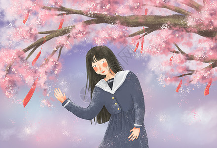 日式小清新日系小清新樱花树下的制服少女插画