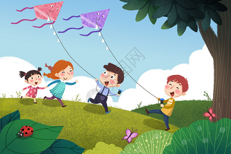 一群小孩春天放风筝插画