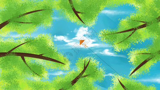 绿色护眼壁纸树林上空的风筝高清图片