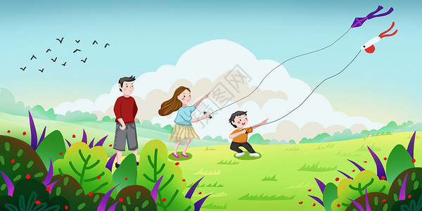 父亲母亲孩子春天一家人郊外放风筝插画