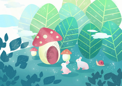 大蘑菇和小兔子春意盎然童话世界壁纸gif高清图片