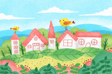 房子温馨春天风景手绘插画gif高清图片