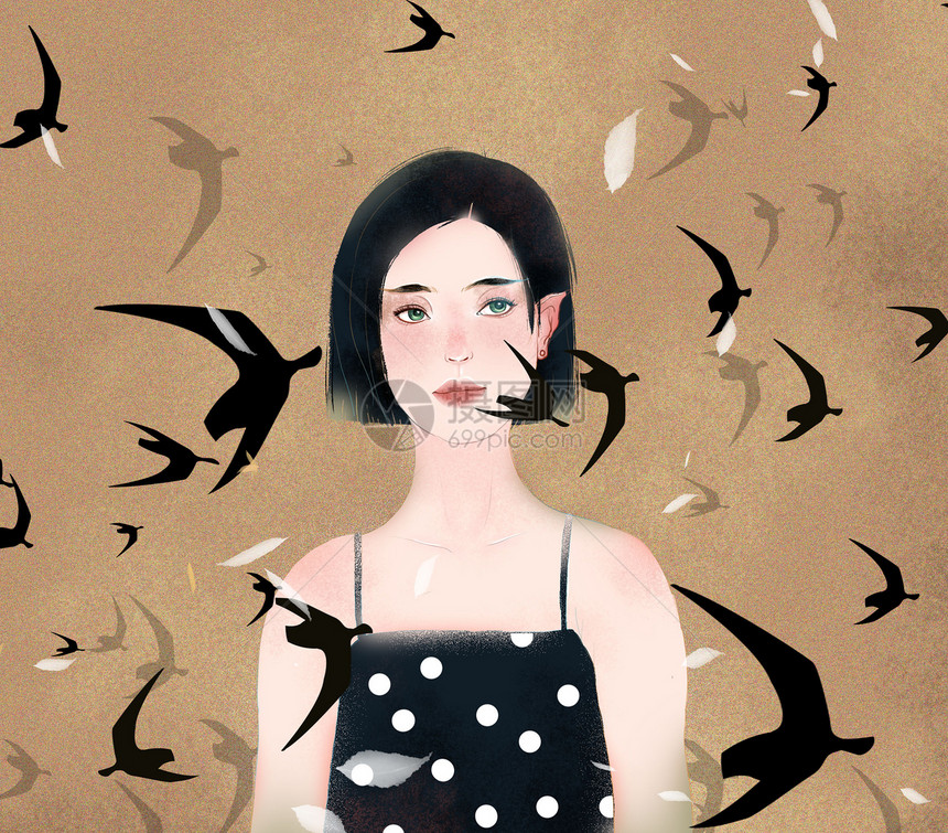 中式小清新女子飞鸟插画图片
