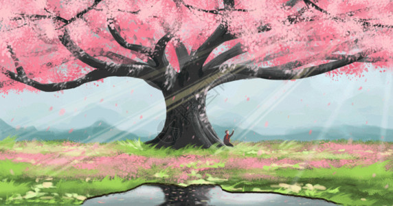 粉色手绘玫瑰花春天樱花树下gif高清图片