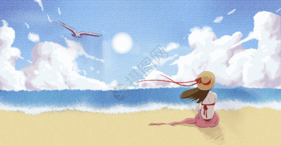 夏天海边插画女生海边假日gif高清图片