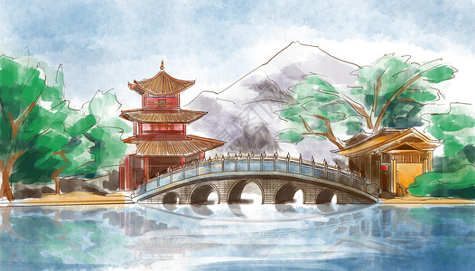 云南丽江宋城景区风景玉泉公园插画