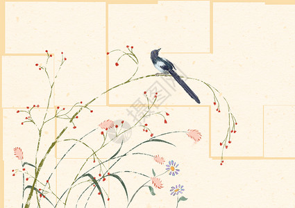 水墨的野花野草和鸟植物高清图片素材
