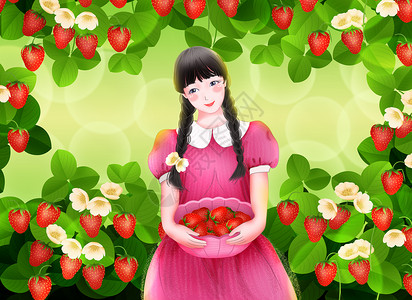 红金框子摘草莓的女孩插画