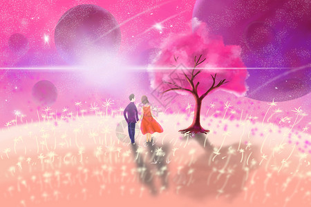 樱花树下仰望星空的情侣唯美高清图片素材