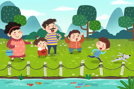 春季郊外河边散步游玩插画草丛高清图片素材