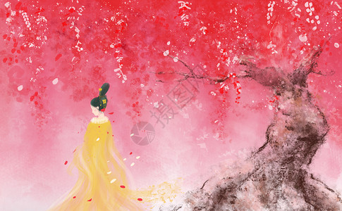 忧郁红色紫罗兰樱花树下的女子插画