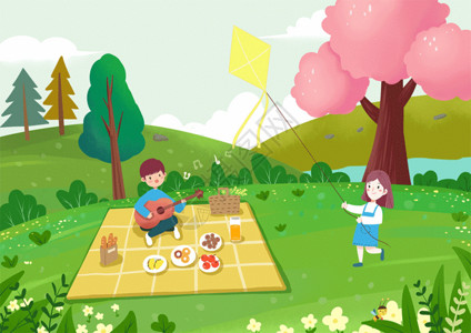 野餐垫与食物春游出行 野餐放风筝GIF高清图片