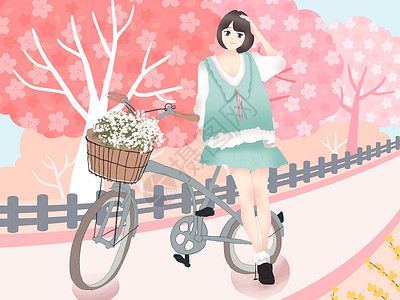 小清新风格日本樱花节带骑车去看樱花插画