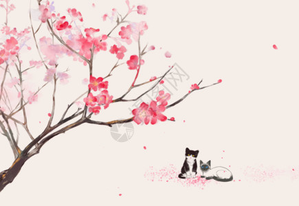 春季花卉素材桃花树下的猫咪gif高清图片