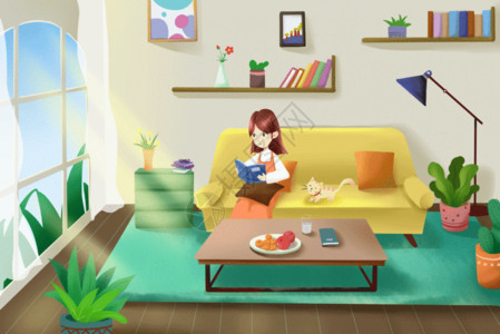 现代客厅装饰画女孩在沙发上看书gif高清图片