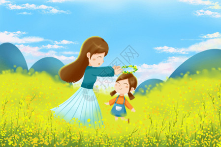 亲子活动宣传单妈妈孩子在油菜花田gif高清图片