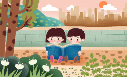 矿泉水里的落日儿童看书插画GIF高清图片