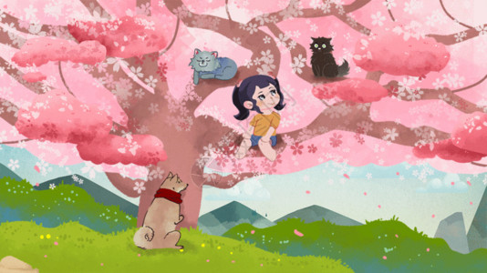 卡通水彩樱花树樱花树下gif插画高清图片