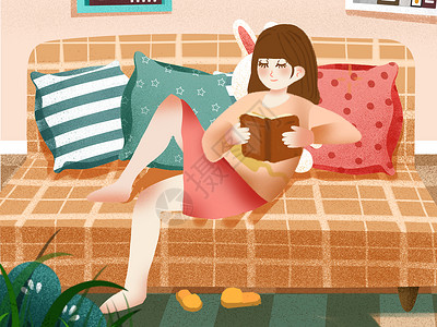 小清新风格相框小清新风格在家看书的女孩插画
