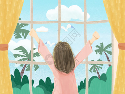 窗户里小女孩小清新风格早上在家做锻炼的少女背影gif高清图片