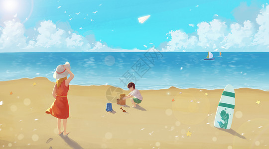 沙滩茅草屋海边度假的母子插画